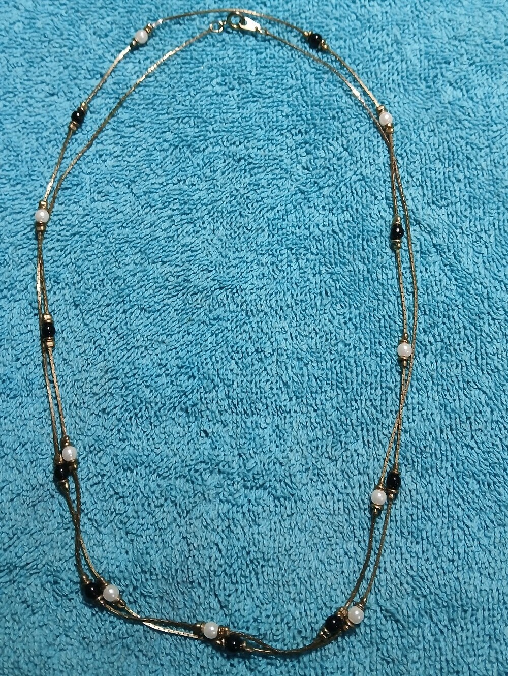 Delicate Gold Long Necklace with Black and White Pearl Beads